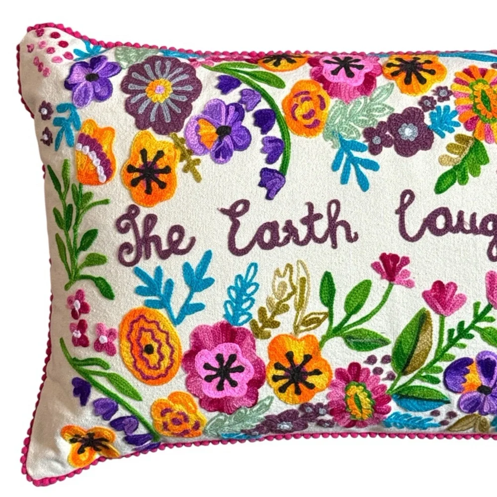 KARMA LIVING “THE EARTH LAUGHS IN FLOWERS” EMBROIDERED LUMBAR PILLOW 14x28 *NWT*